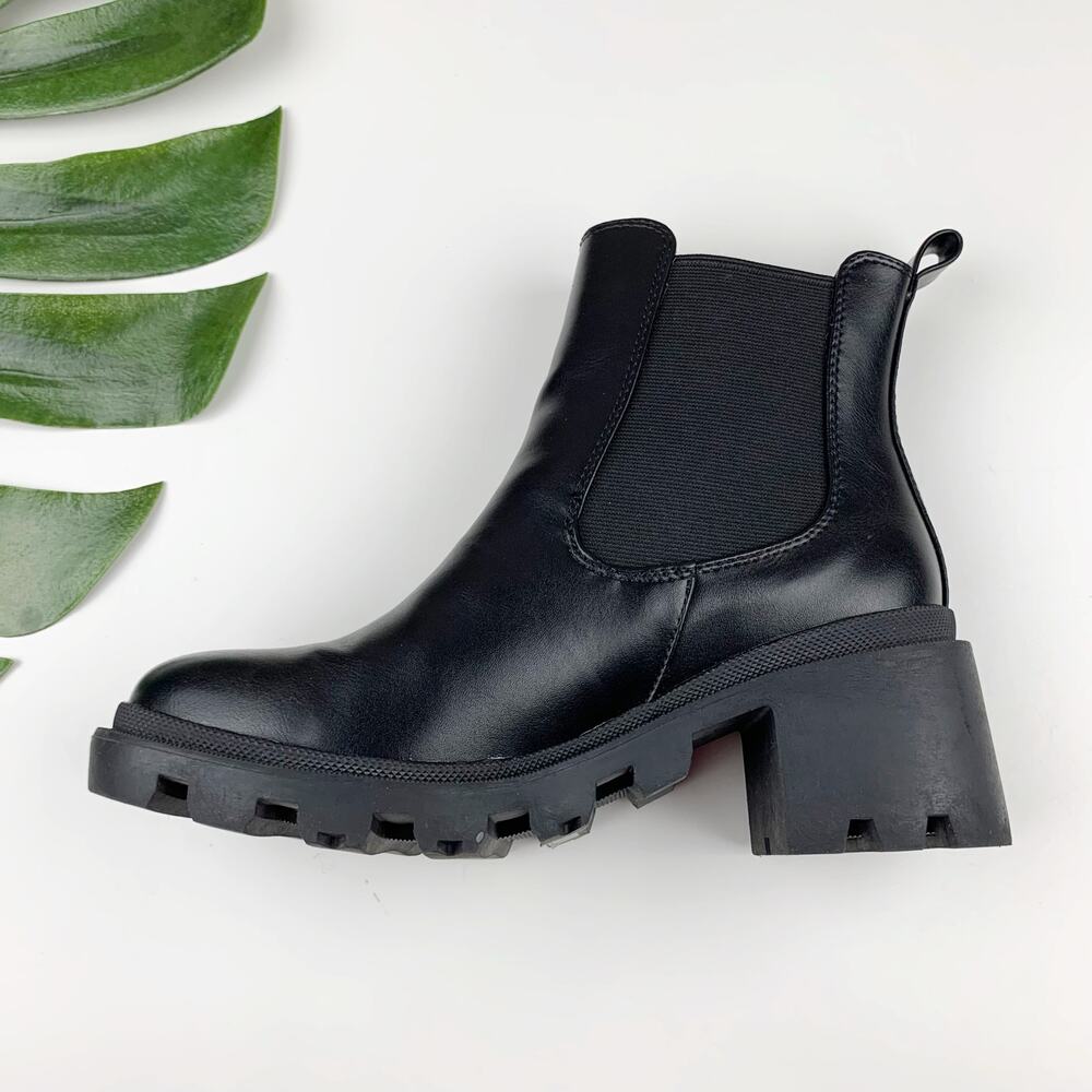 Lulus Waylen Chunky Chelsea Boots Black Faux Leather Ankle Lug Sole Women's 7.5 - Picture 7 of 11